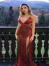 Mermaid Spaghetti Straps Dark Red Sequined Prom Dress with Split LBQ0714